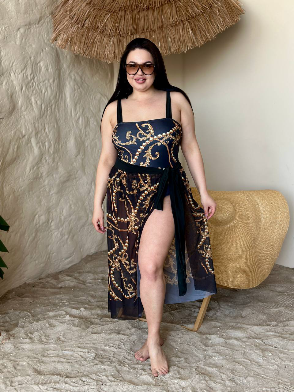SW4019 суцільний купальник plus size із парео, пляжний образ